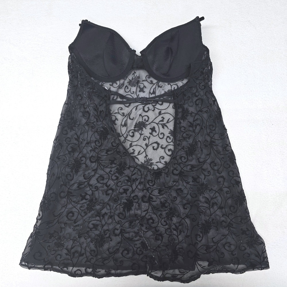 Victoria's Secret Very Sexy Black Floral Glitter Mesh Babydoll Slip 36B NO STRAP - Picture 3 of 5